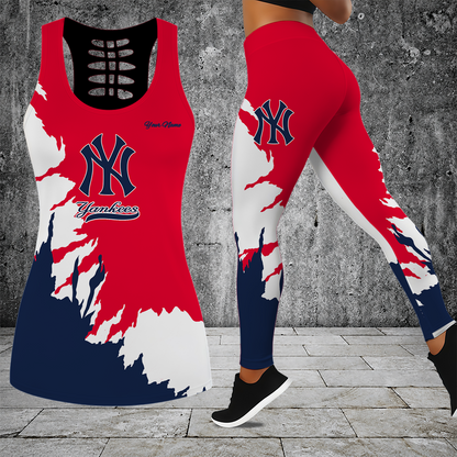 [FLASH SALE] NEW CUSTOMIZED MLB01 NYY NEW YORK YANKEES HOLLOW TANK TOP & LEGGINGS SET