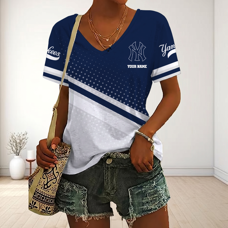 LIMITED EDITION - NEW CUSTOMIZED MLB01 NYY NEW YORK YANKEES V-NECK FEMALE SHIRT