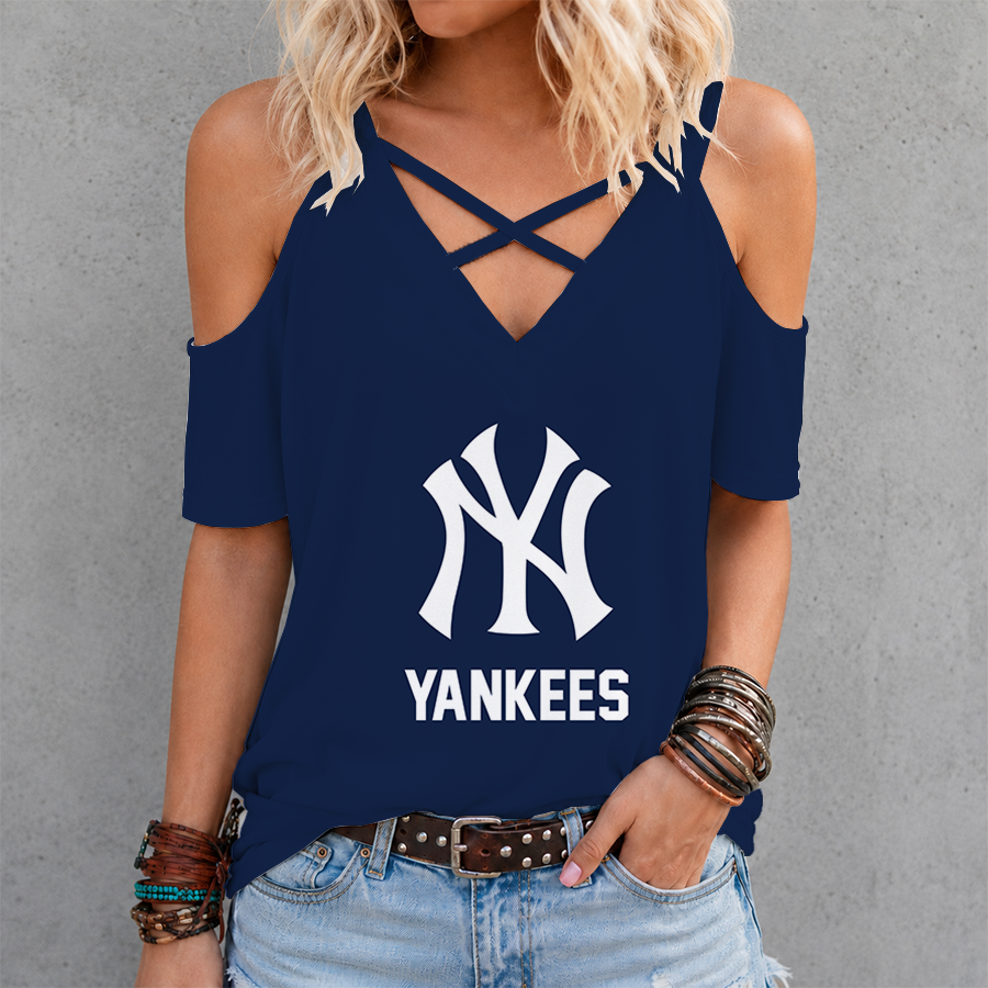 LIMITED EDITION - NEW CUSTOMIZED MLB01 NYY NEW YORK YANKEES CRISS CROSS V-NECK TOP