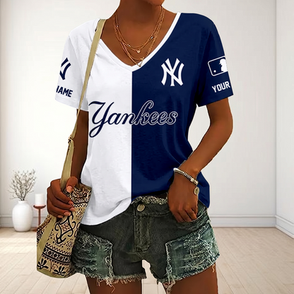 SPECIAL EDITION - NEW CUSTOMIZED MLB01 NYY NEW YORK YANKEES V-NECK FEMALE SHIRT