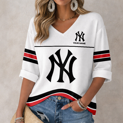 LIMITED EDITION - NEW CUSTOMIZED MLB01 NYY NEW YORK YANKEES WOMEN'S HEART V-NECK LONG SLEEVE SHIRT