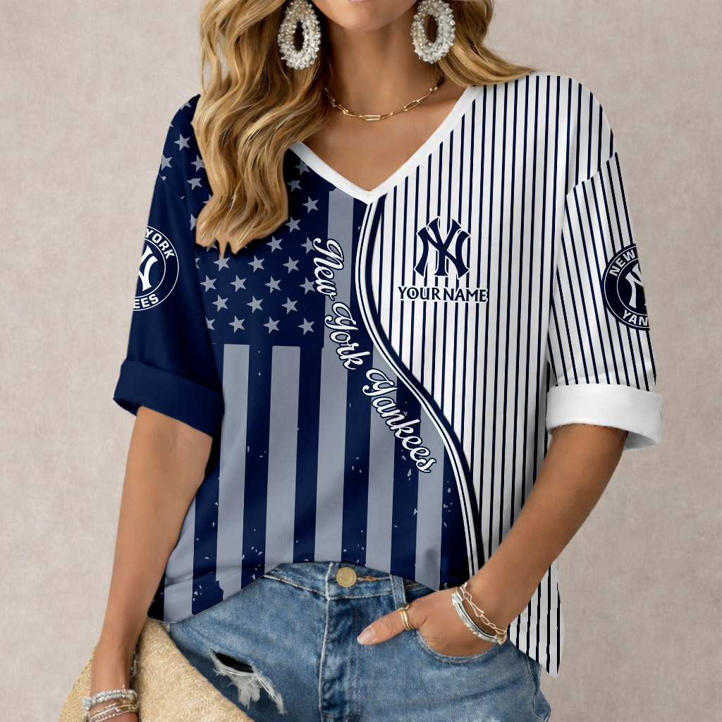 ELITE EDITION - NEW CUSTOMIZED MLB01 NYY NEW YORK YANKEES WOMEN'S HEART V-NECK LONG SLEEVE SHIRT