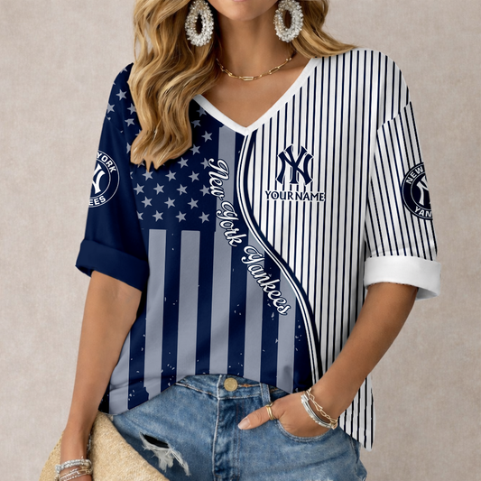 ELITE EDITION - NEW CUSTOMIZED MLB01 NYY NEW YORK YANKEES WOMEN'S HEART V-NECK LONG SLEEVE SHIRT