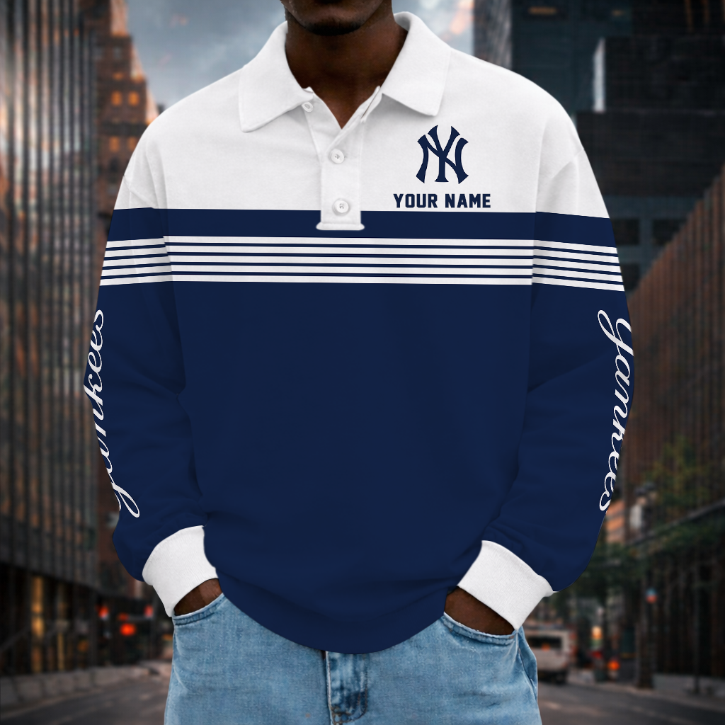 SPECIAL EDITION - NEW CUSTOMIZED MLB01 NYY NEW YORK YANKEES MEN'S LONG SLEEVE POLO