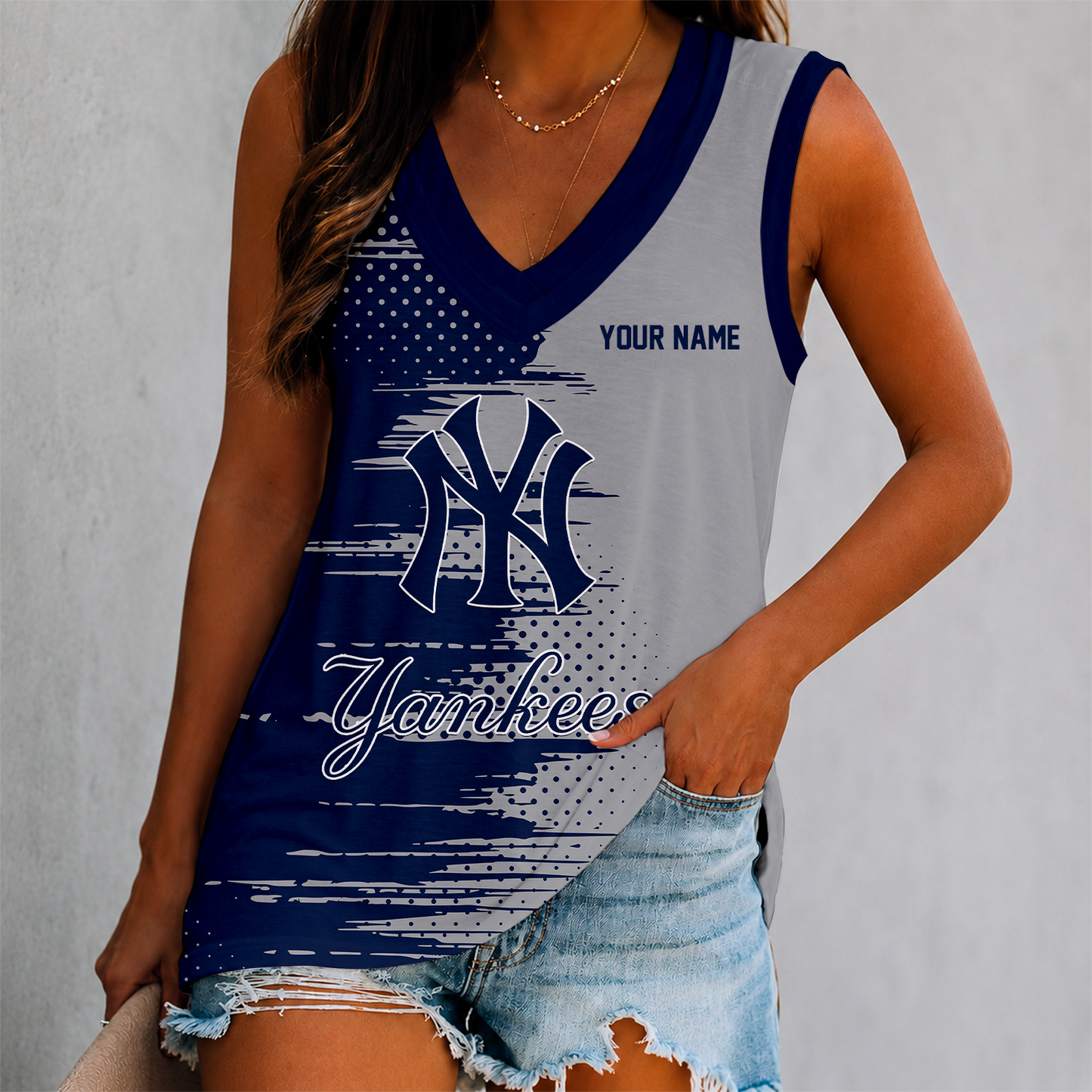 LIMITED EDITION - NEW CUSTOMIZED MLB01 NYY NEW YORK YANKEES WOMEN'S V-NECK TANK TOP