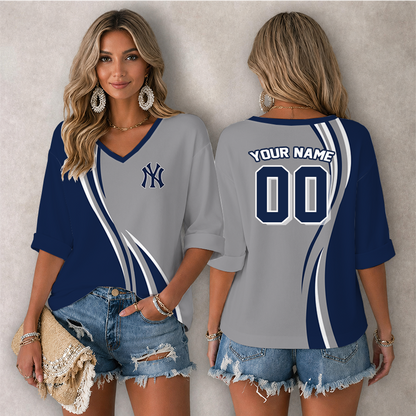 LIMITED EDITION - NEW CUSTOMIZED MLB01 NYY NEW YORK YANKEES WOMEN'S HEART V-NECK LONG SLEEVE SHIRT