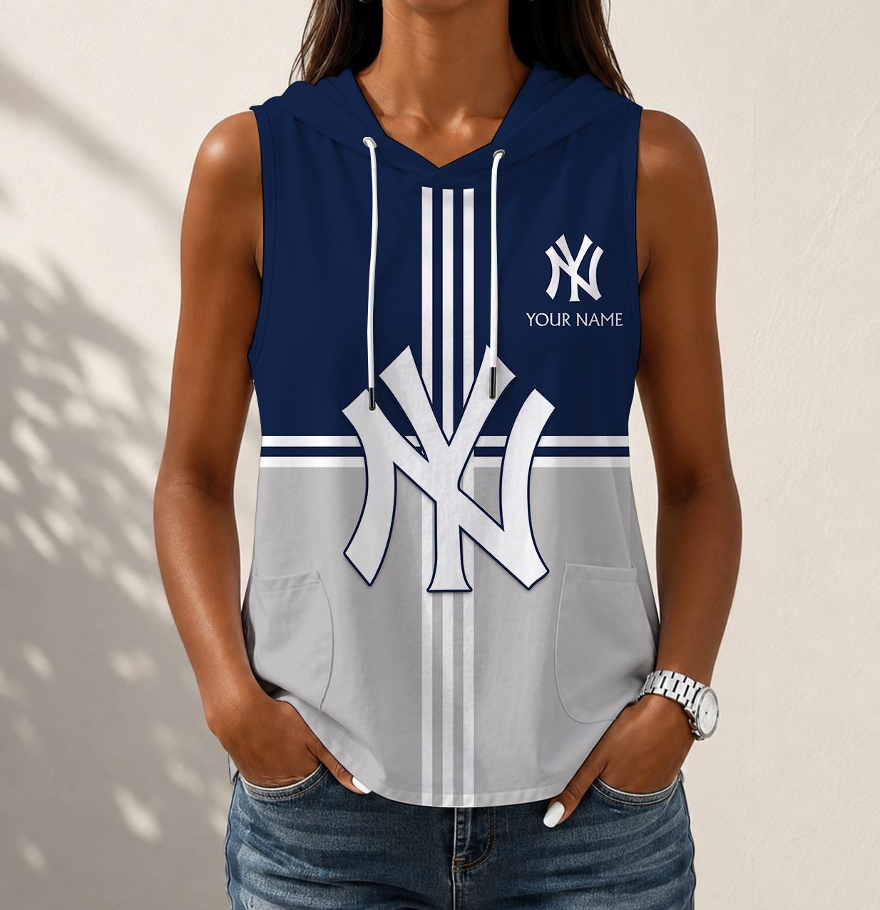 LIMITED EDITION - NEW CUSTOMIZED MLB01 NYY NEW YORK YANKEES WOMEN'S SLEEVELESS HOODED POCKET TANK TOP