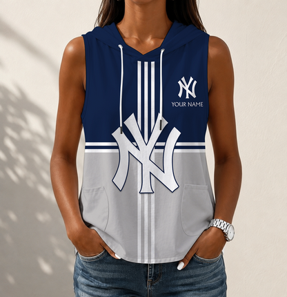 LIMITED EDITION - NEW CUSTOMIZED MLB01 NYY NEW YORK YANKEES WOMEN'S SLEEVELESS HOODED POCKET TANK TOP