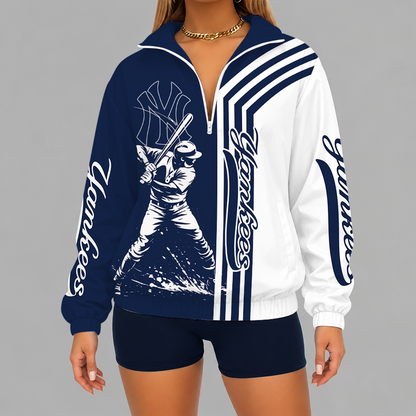 [FLASH SALE] NEW CUSTOMIZED MLB01 NYY NEW YORK YANKEES V-NECK ZIPPER SWEATSHIRT JACKET