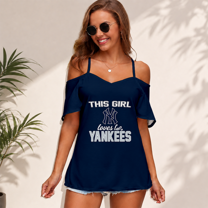 [FLASH SALE] NEW CUSTOMIZED MLB01 NYY NEW YORK YANKEES WOMEN'S STRAPPY OFF-SHOULDER TOP