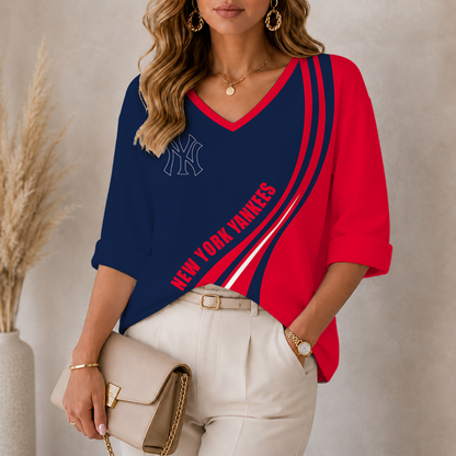 [FLASH SALE] NEW CUSTOMIZED MLB01 NYY NEW YORK YANKEES WOMEN'S HEART V-NECK LONG SLEEVE SHIRT