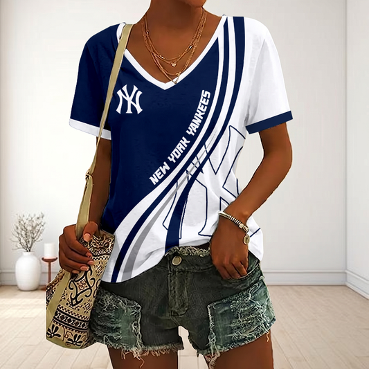LIMITED EDITION - NEW CUSTOMIZED MLB01 NYY NEW YORK YANKEES V-NECK FEMALE SHIRT