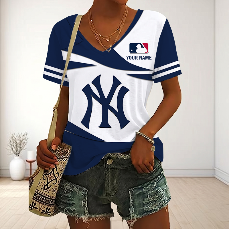 LIMITED EDITION - NEW CUSTOMIZED MLB01 NYY NEW YORK YANKEES V-NECK FEMALE SHIRT