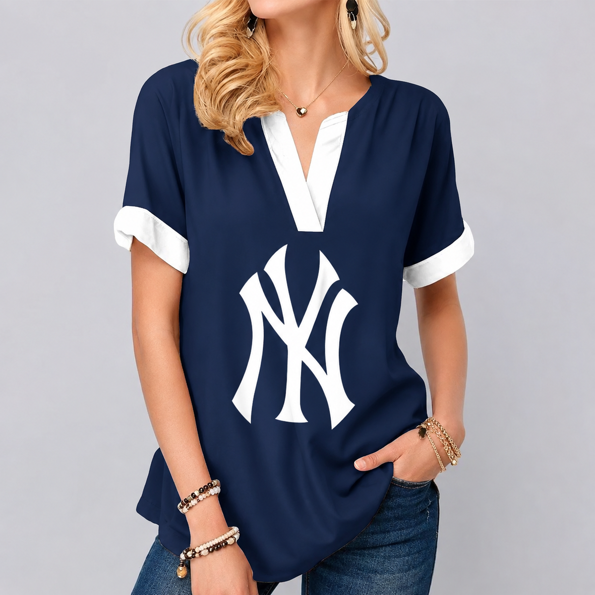 LIMITED EDITION - NEW CUSTOMIZED MLB01 NYY NEW YORK YANKEES V-NECK FEMALE SHIRT