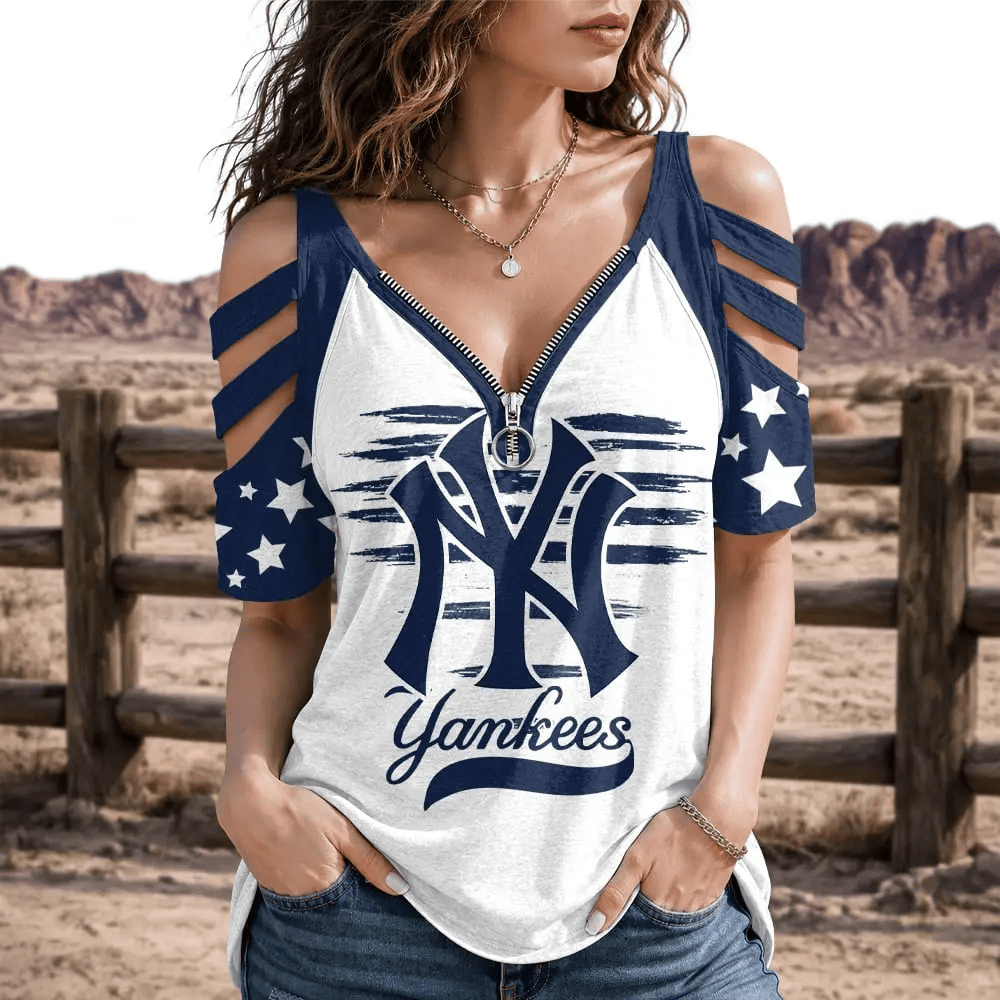 [FLASH SALE] NEW CUSTOMIZED MLB01 NYY NEW YORK YANKEES STRAPPY COLD-SHOULDER TOP