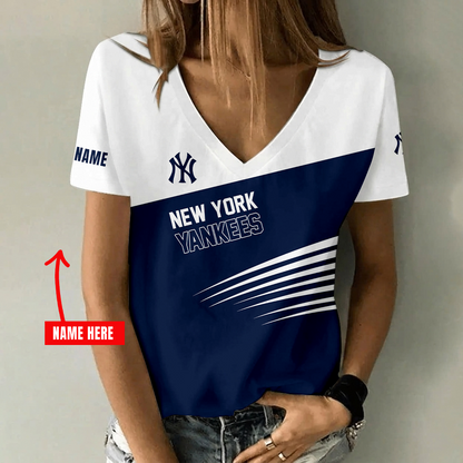 [FLASH SALE] NEW CUSTOMIZED MLB01 NYY NEW YORK YANKEES V-NECK FEMALE SHIRT
