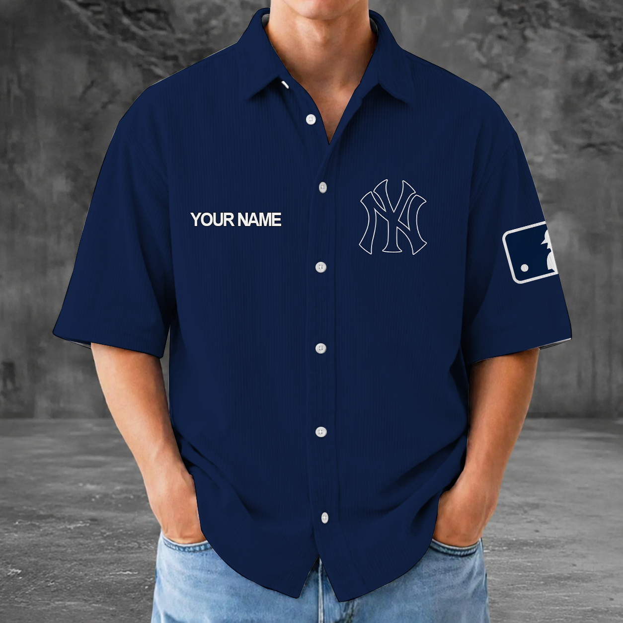 [FLASH SALE] NEW CUSTOMIZED MLB01 NYY NEW YORK YANKEES SEERSUCKER BUTTON SHIRT