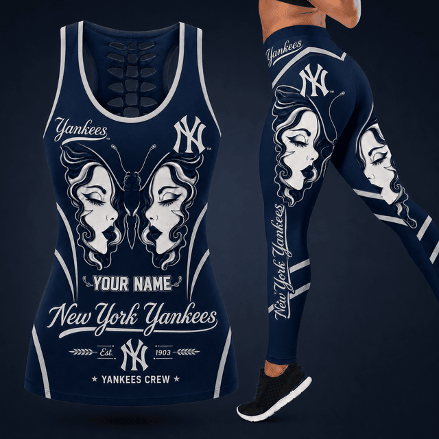 [FLASH SALE] NEW CUSTOMIZED MLB01 NYY NEW YORK YANKEES HOLLOW TANK TOP & LEGGINGS SET