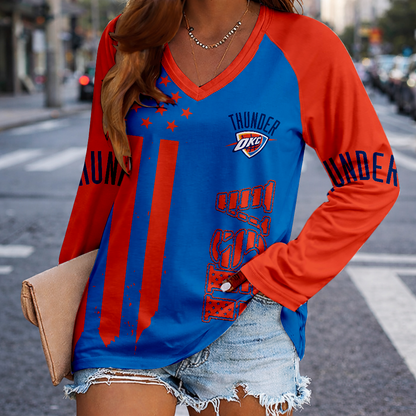 LIMITED EDITION - NEW CUSTOMIZED NBA01 OCT OKLAHOMA CITY THUNDER WOMEN'S V-NECK LONG SLEEVED SHIRT