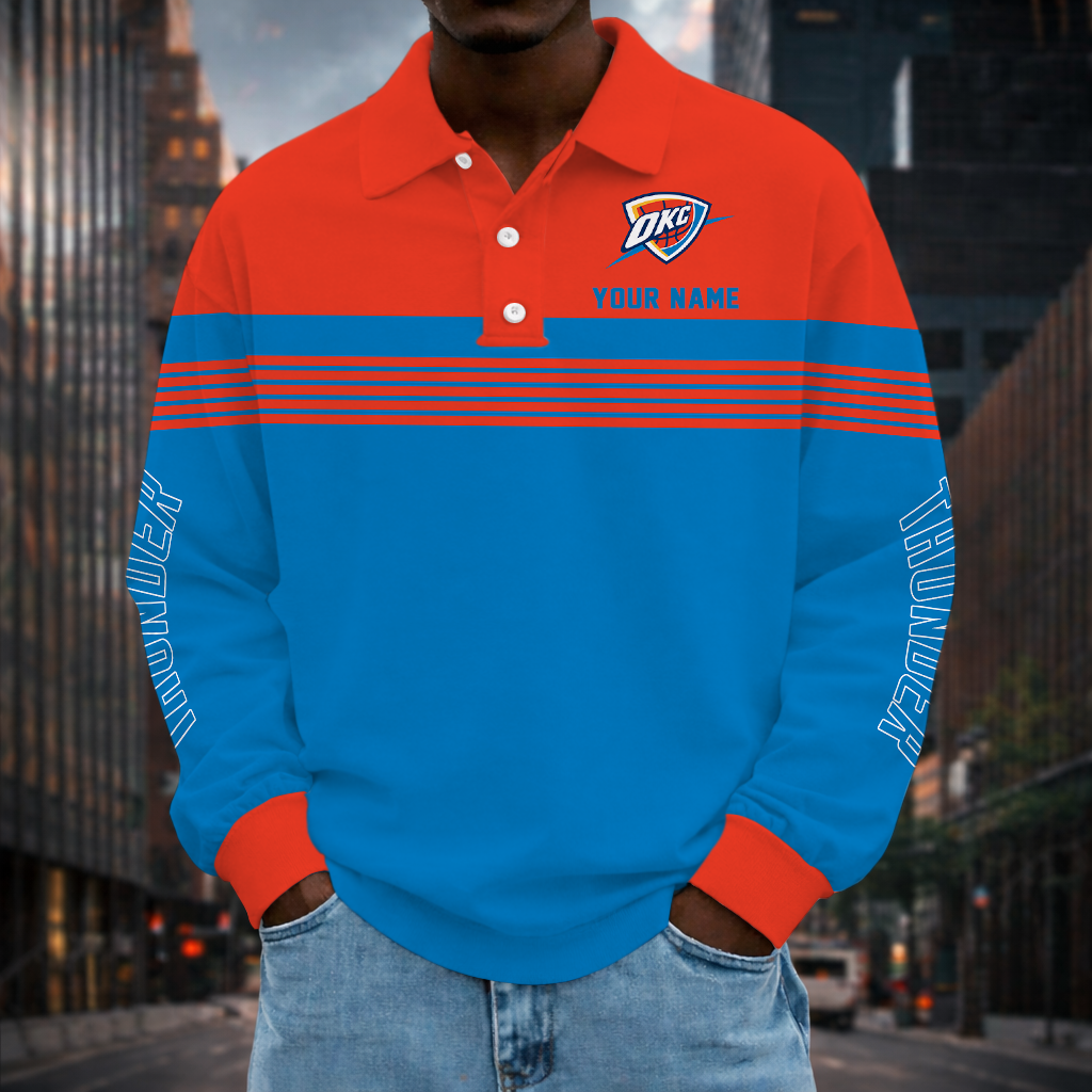 ELITE EDITION - NEW CUSTOMIZED NBA01 OCT OKLAHOMA CITY THUNDER MEN LONG SLEEVE POLO