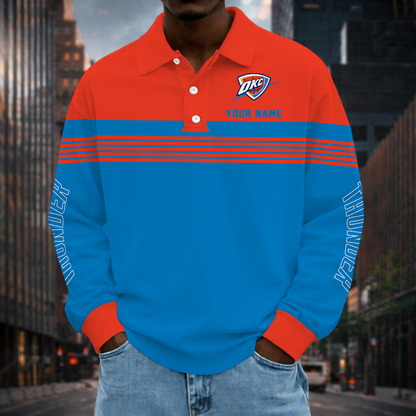 ELITE EDITION - NEW CUSTOMIZED NBA01 OCT OKLAHOMA CITY THUNDER MEN LONG SLEEVE POLO