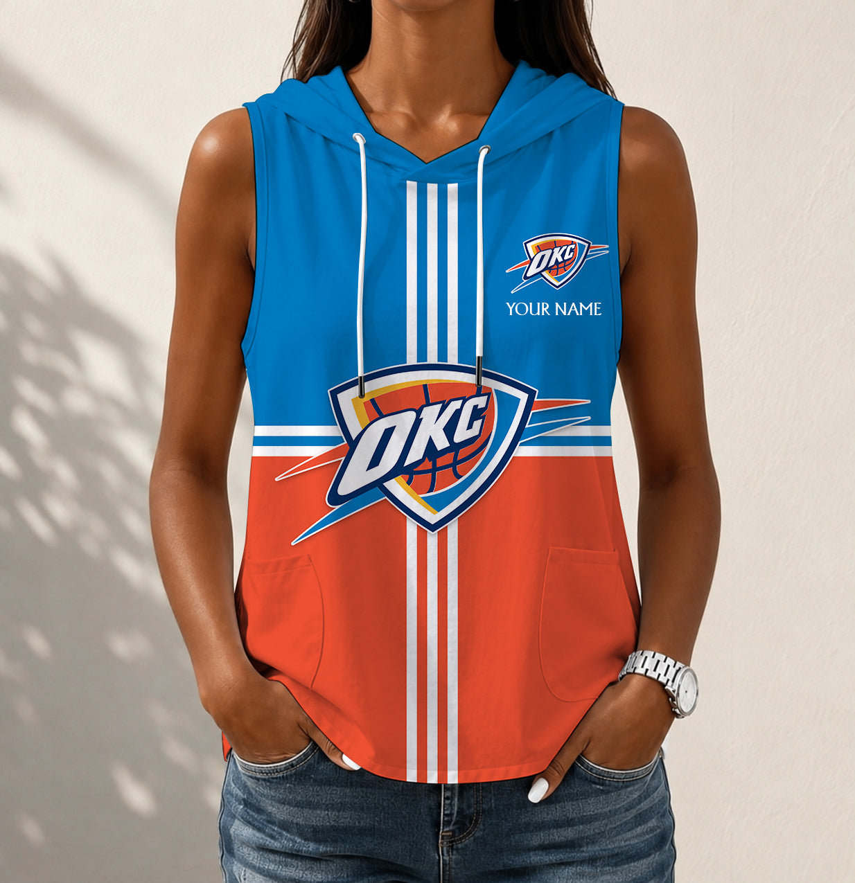LIMITED EDITION - NEW CUSTOMIZED NBA01 OCT OKLAHOMA CITY THUNDER WOMEN'S SLEEVELESS HOODED POCKET TANK TOP