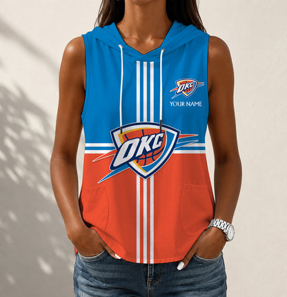 LIMITED EDITION - NEW CUSTOMIZED NBA01 OCT OKLAHOMA CITY THUNDER WOMEN'S SLEEVELESS HOODED POCKET TANK TOP