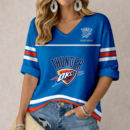 LIMITED EDITION - NEW CUSTOMIZED NBA01 OCT OKLAHOMA CITY THUNDER WOMEN'S HEART V-NECK LONG SLEEVE SHIRT