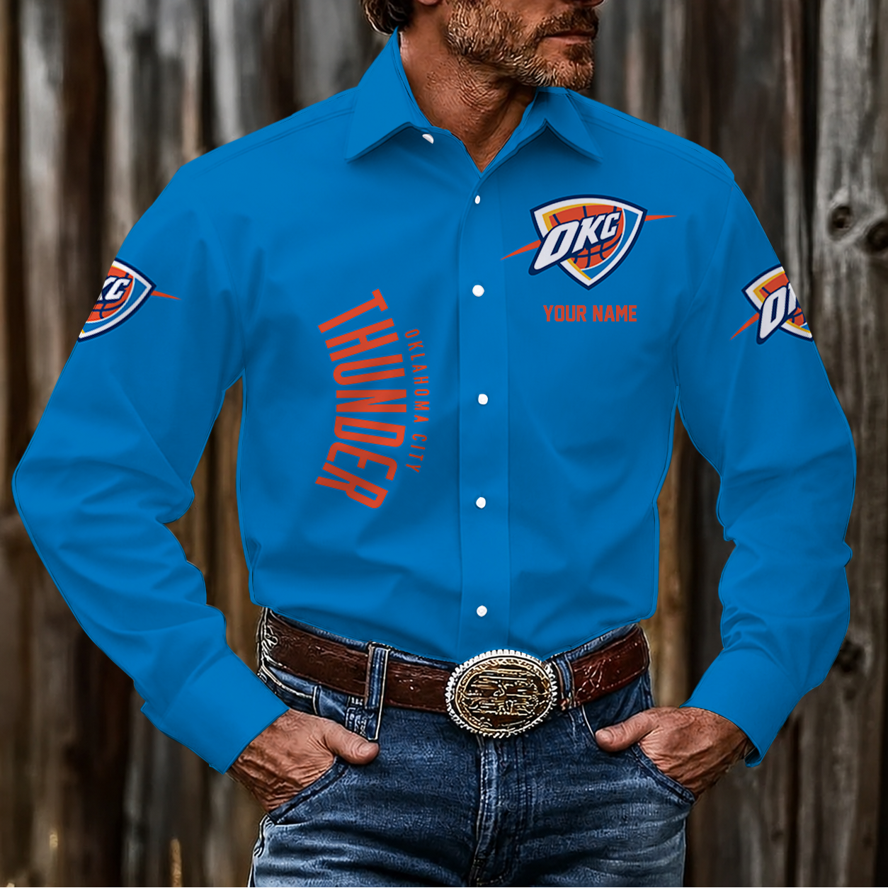 LIMITED EDITION - NEW CUSTOMIZED NBA01 OCT OKLAHOMA CITY THUNDER MEN'S LONG SLEEVE BUTTON-UP SHIRT