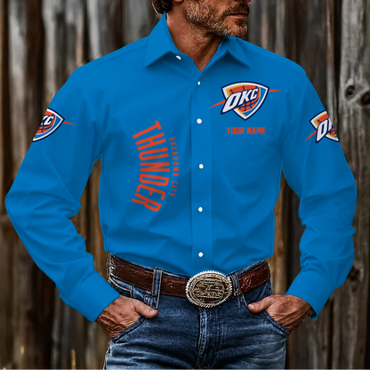 LIMITED EDITION - NEW CUSTOMIZED NBA01 OCT OKLAHOMA CITY THUNDER MEN'S LONG SLEEVE BUTTON-UP SHIRT