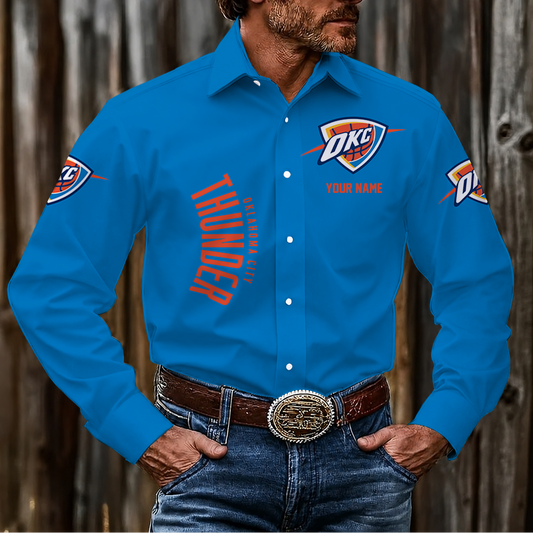 LIMITED EDITION - NEW CUSTOMIZED NBA01 OCT OKLAHOMA CITY THUNDER MEN'S LONG SLEEVE BUTTON-UP SHIRT