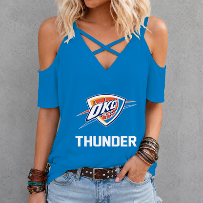 LIMITED EDITION - NEW CUSTOMIZED NBA01 OCT OKLAHOMA CITY THUNDER CRISS CROSS V-NECK TOP