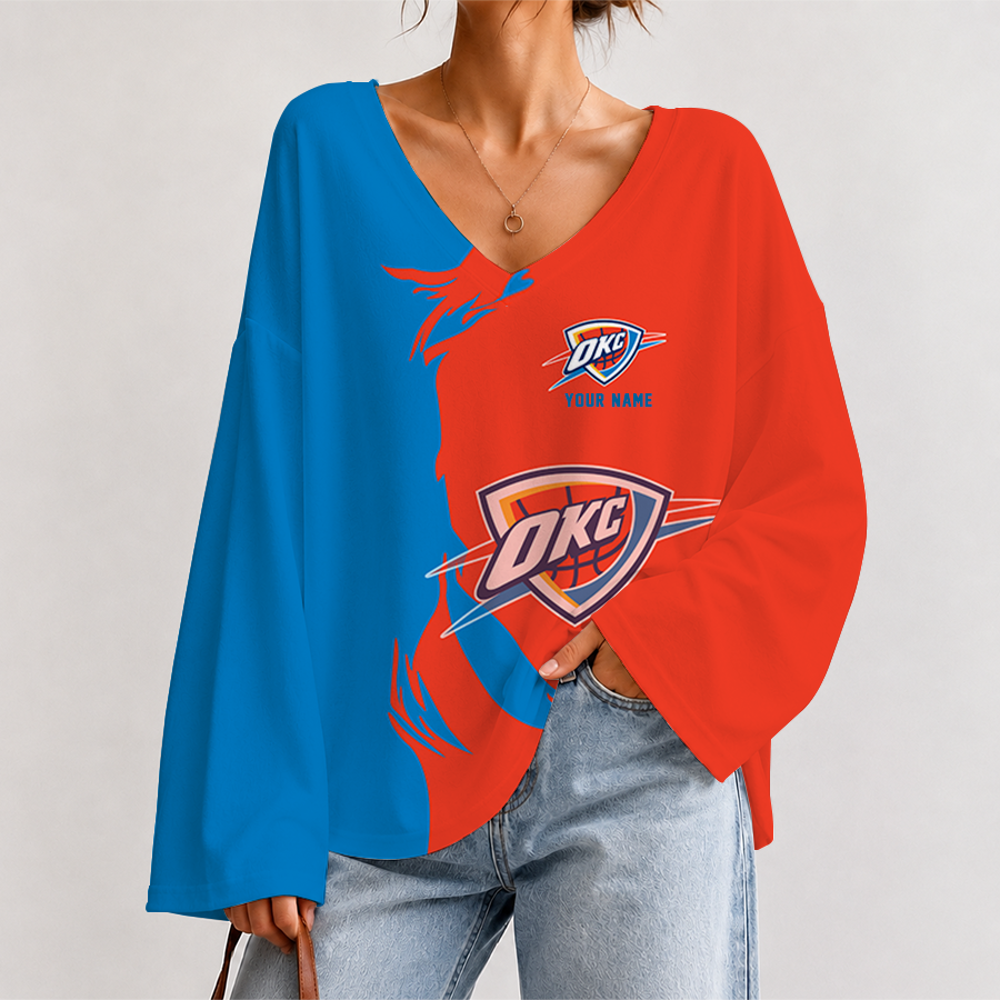 [HOT DEAL] NEW CUSTOMIZED NBA01 OCT OKLAHOMA CITY THUNDER V-NECK LONG SLEEVED CROP TOP
