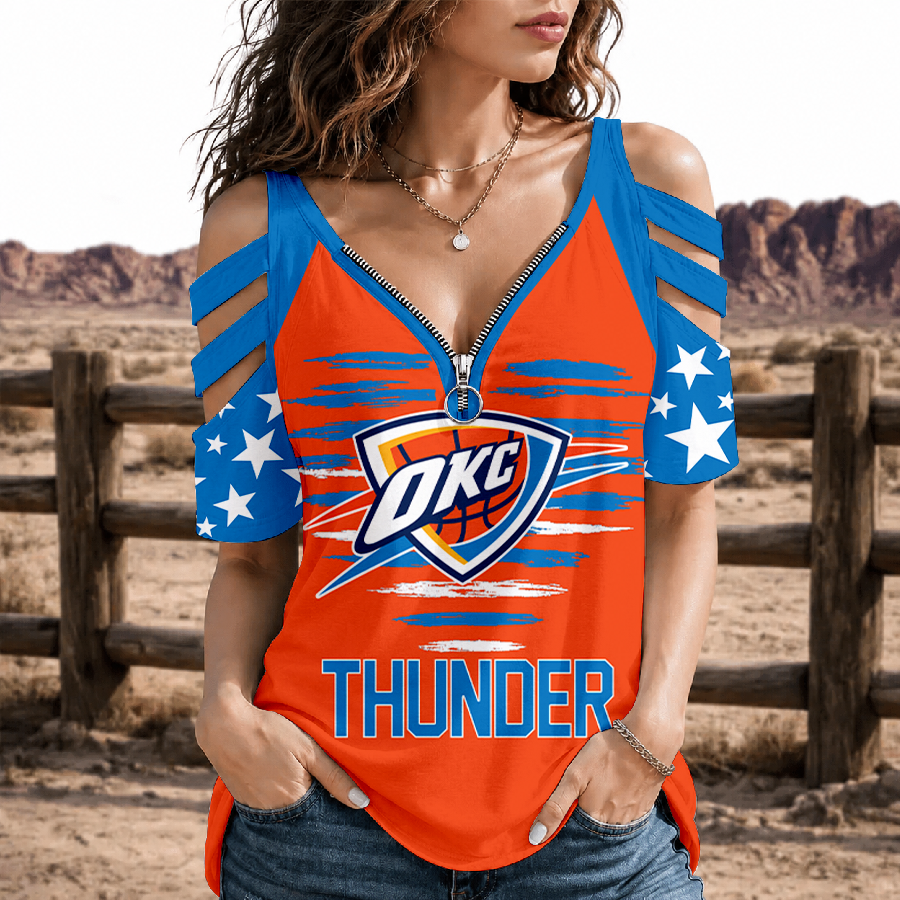 [HOT DEAL] NEW CUSTOMIZED NBA01 OCT OKLAHOMA CITY THUNDER STRAPPY COLD-SHOULDER TOP