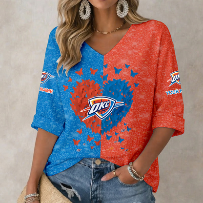 LIMITED EDITION - NEW CUSTOMIZED NBA01 OCT OKLAHOMA CITY THUNDER WOMEN'S HEART V-NECK LONG SLEEVE SHIRT