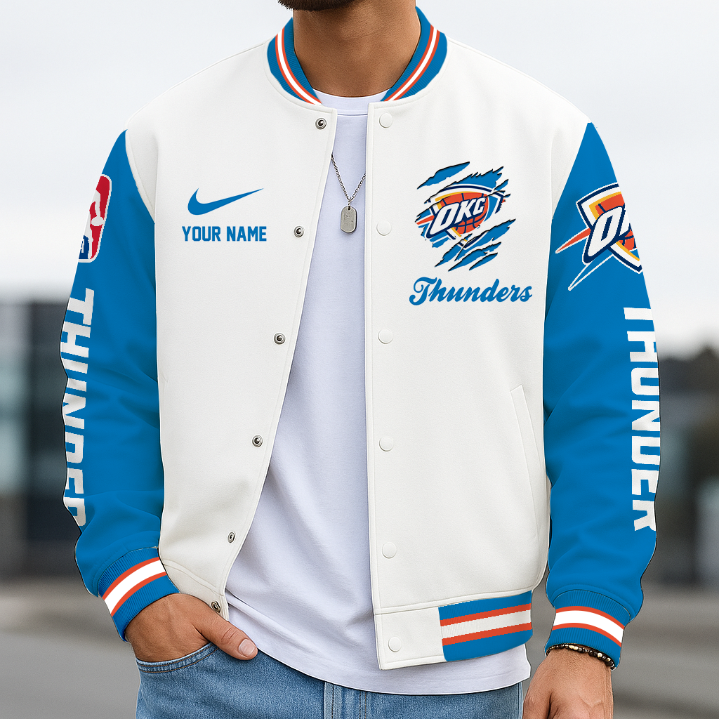 LIMITED EDITION - NEW CUSTOMIZED NBA01 OCT OKC THUNDER BASEBALL JACKET, SATIN VARSITY JACKET