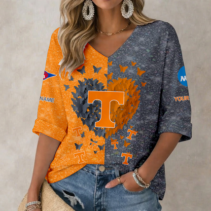 LIMITED EDITION - NEW CUSTOMIZED NCAA FBS01 TNV TENNESSEE VOLUNTEERS WOMEN'S HEART V-NECK LONG SLEEVE SHIRT