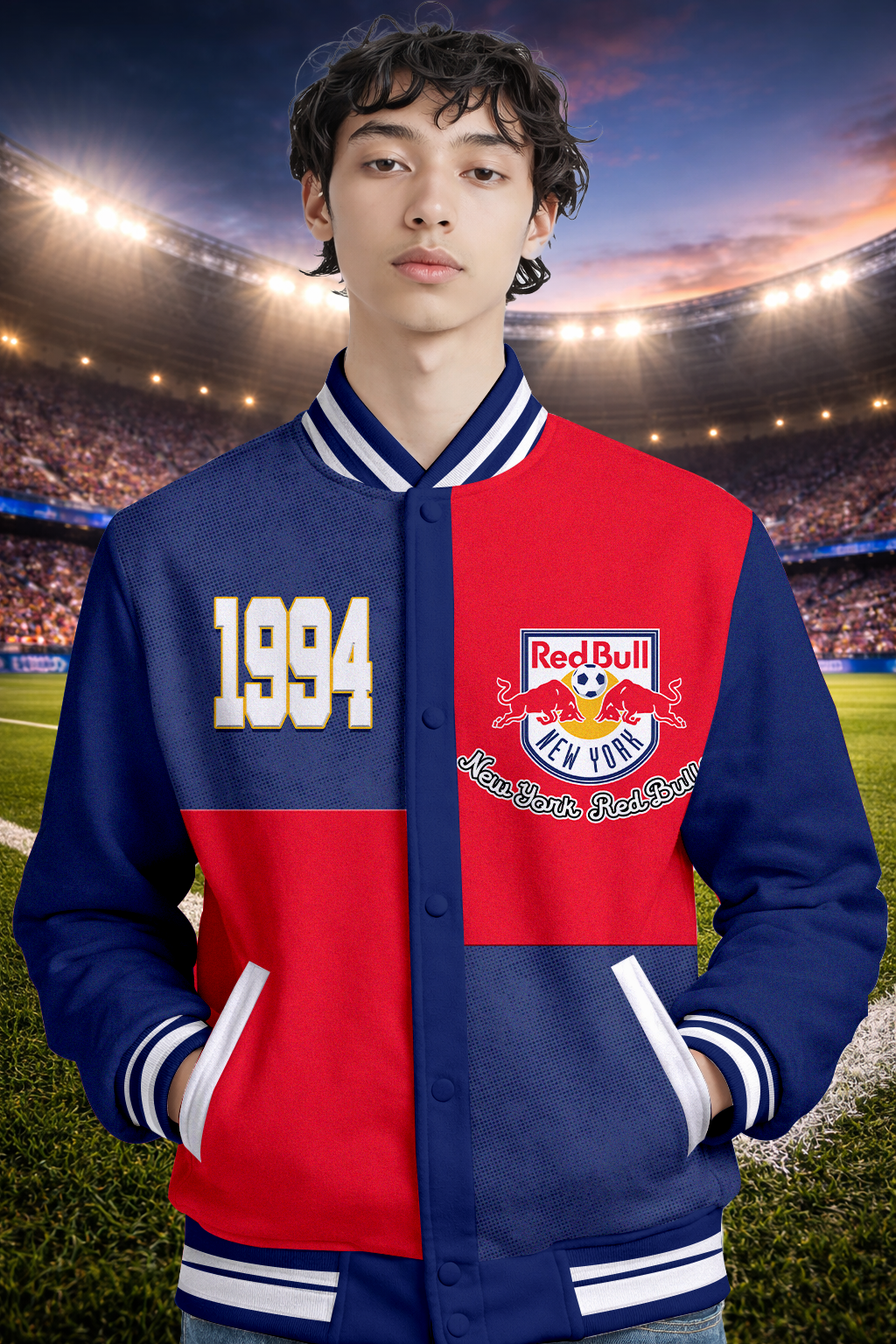 LIMITED EDITION - NEW CUSTOMIZED MLS01 NRB NY RED BULLS SATIN VARSITY & BASEBALL JACKET