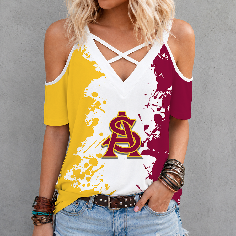 [FAN FAVORITE] NEW CUSTOMIZED NCAA CWS02 ASS ARIZONA STATE SUN DEVILS CRISS CROSS V-NECK TOP