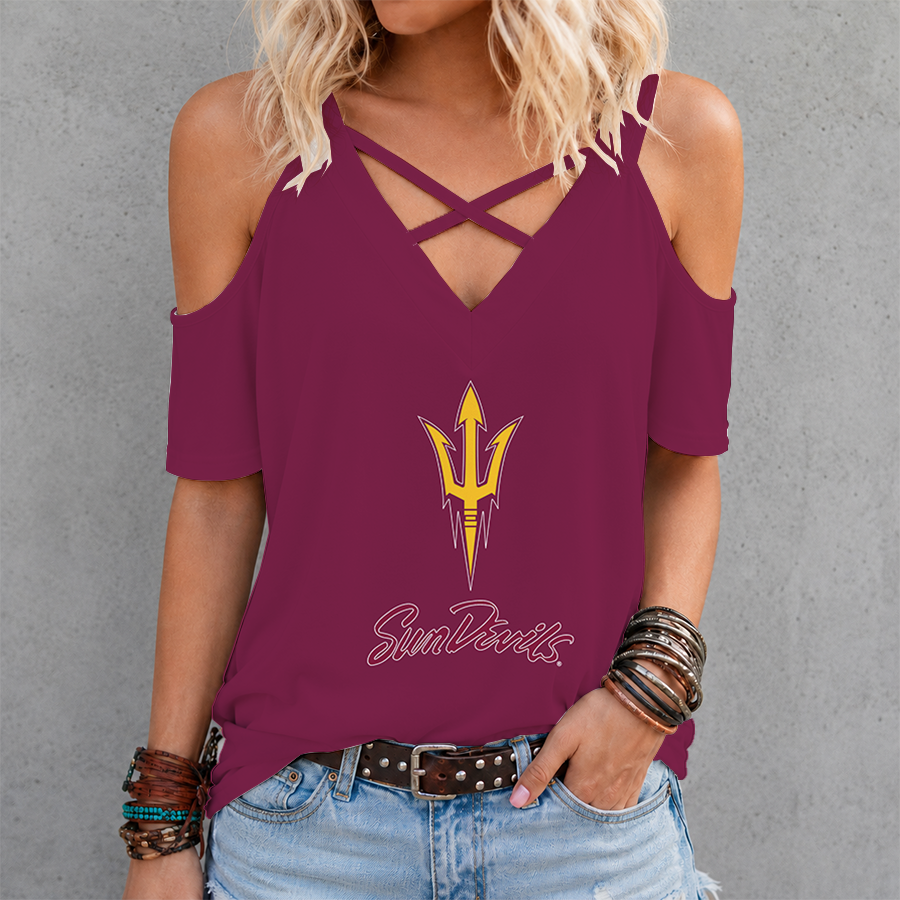 [FAN FAVORITE] NEW CUSTOMIZED NCAA CWS02 ASS ARIZONA STATE SUN DEVILS CRISS CROSS V-NECK TOP