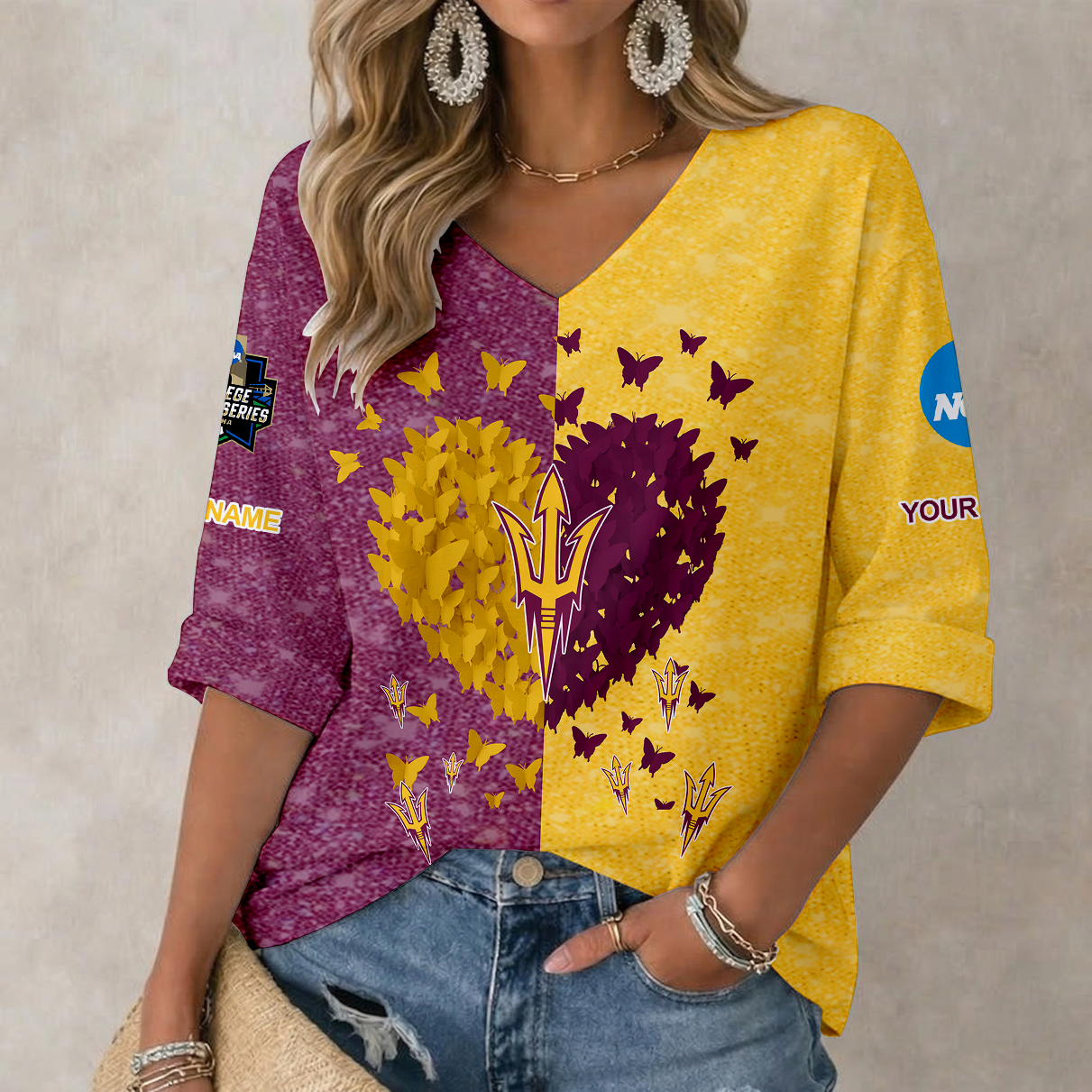 LIMITED EDITION - NEW CUSTOMIZED NCAA CWS02 ASS ARIZONA STATE SUN DEVILS WOMEN'S HEART V-NECK LONG SLEEVE SHIRT