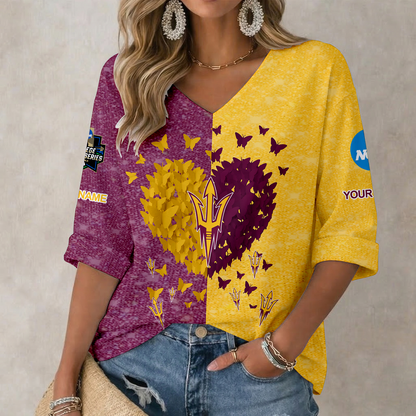 LIMITED EDITION - NEW CUSTOMIZED NCAA CWS02 ASS ARIZONA STATE SUN DEVILS WOMEN'S HEART V-NECK LONG SLEEVE SHIRT