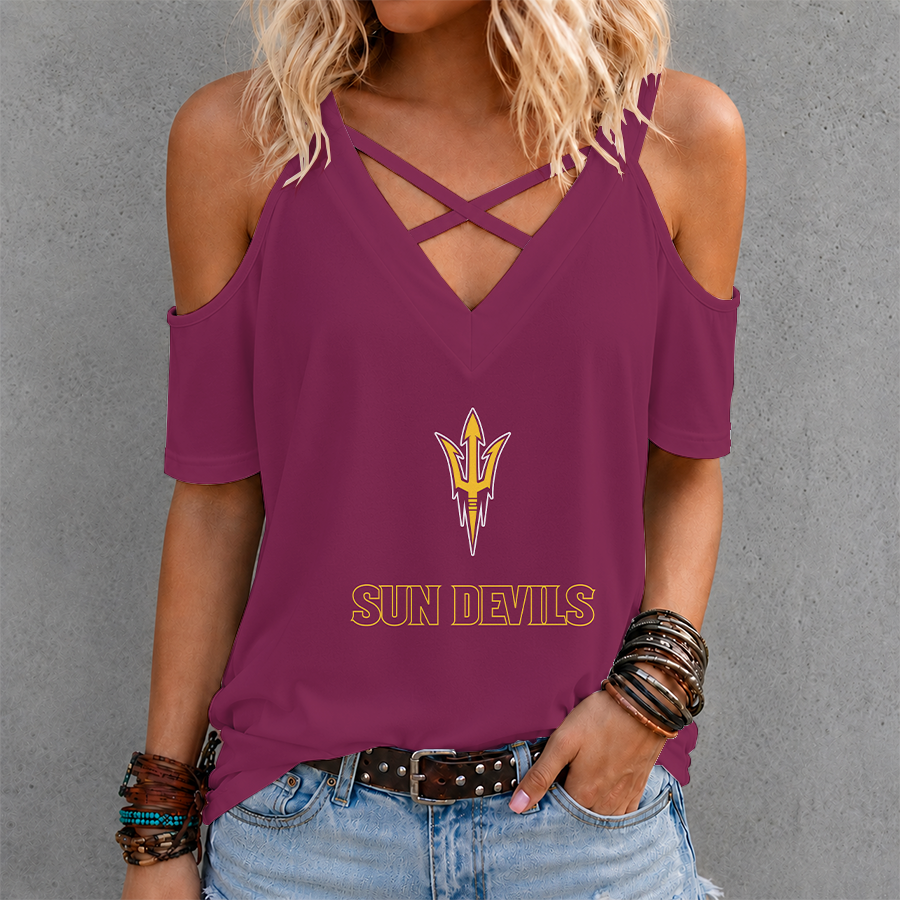 [FAN FAVORITE] NEW CUSTOMIZED NCAA CWS02 ASS ARIZONA STATE SUN DEVILS CRISS CROSS V-NECK TOP
