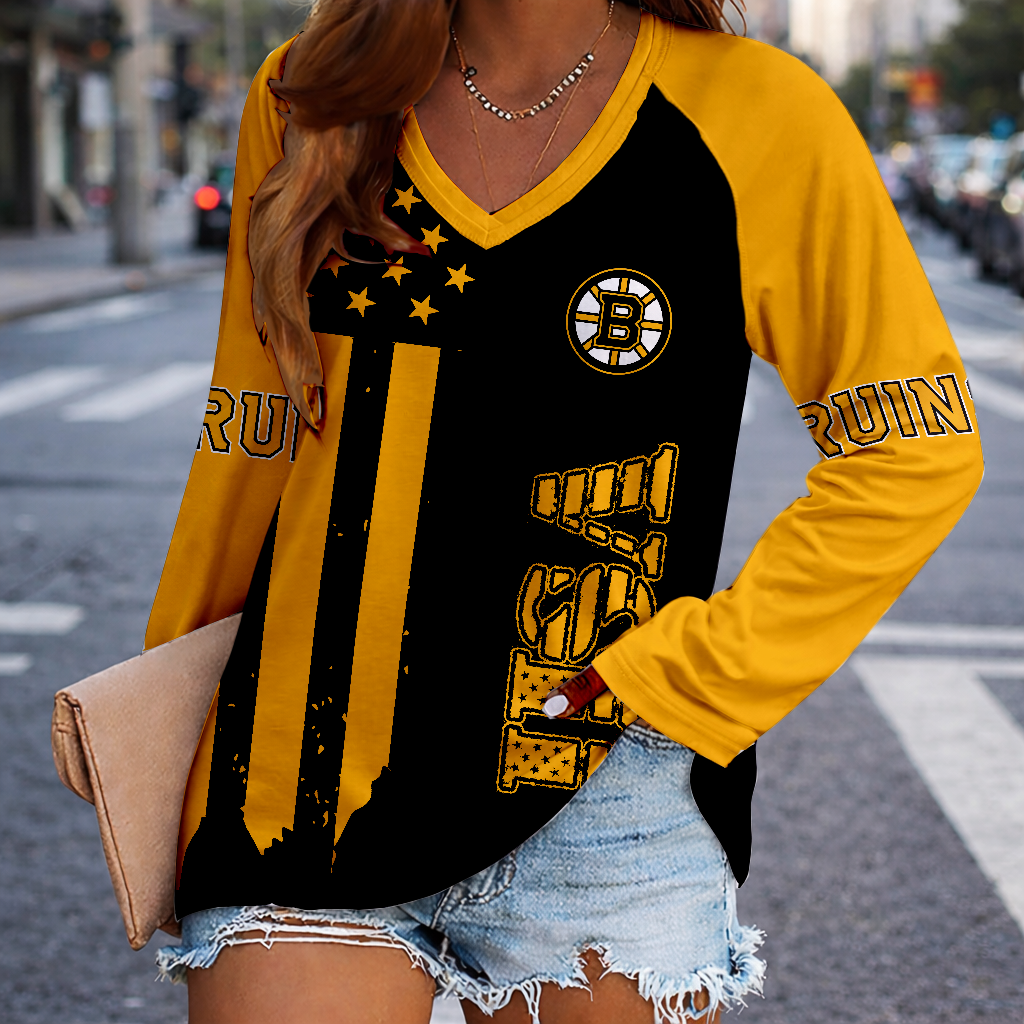 LIMITED EDITION - NEW CUSTOMIZED NHL02 BTB BOSTON BRUINS WOMEN'S V-NECK LONG SLEEVED SHIRT