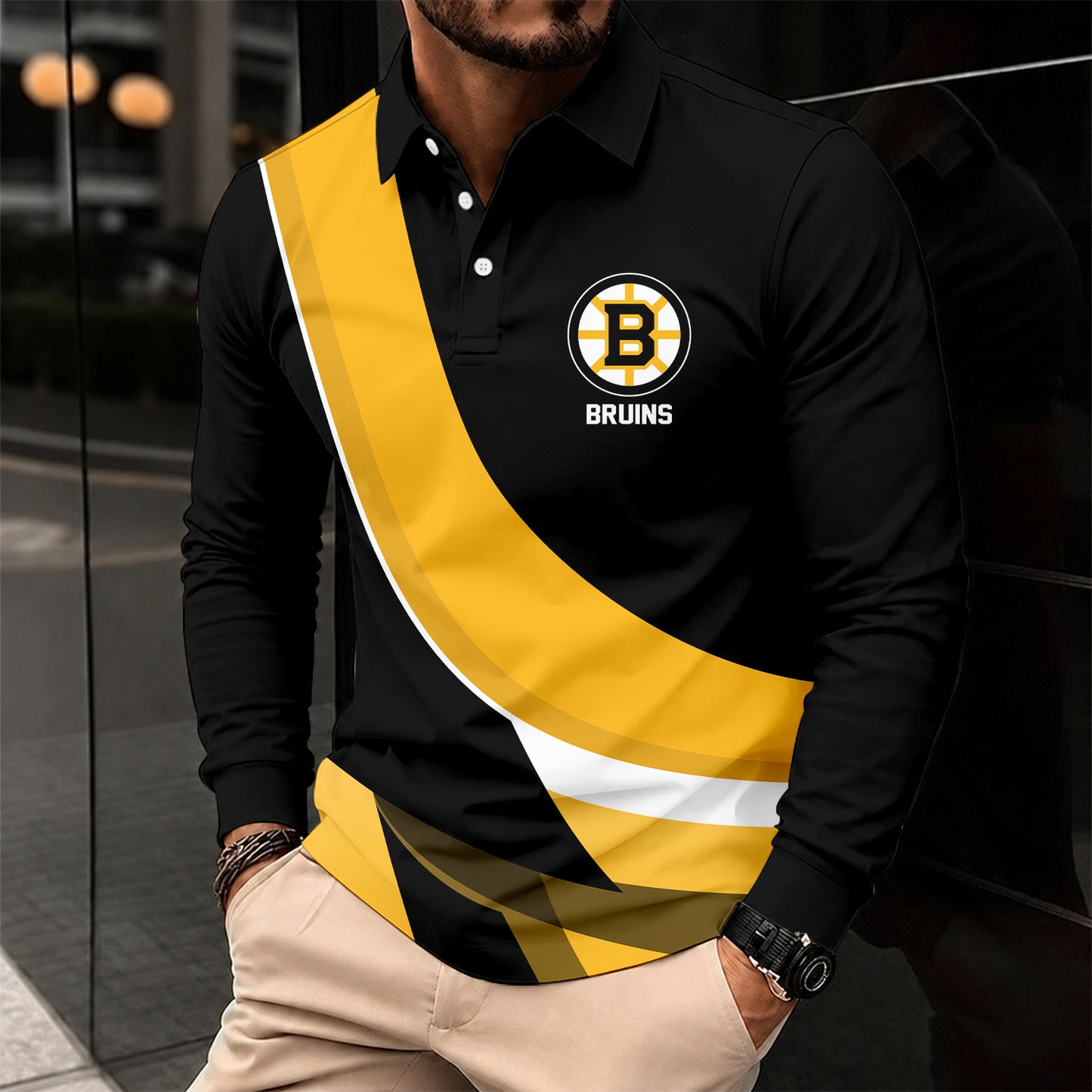 [SUPER SALE] NEW CUSTOMIZED NHL02 BTB BOSTON BRUINS MEN LONG SLEEVE POLO