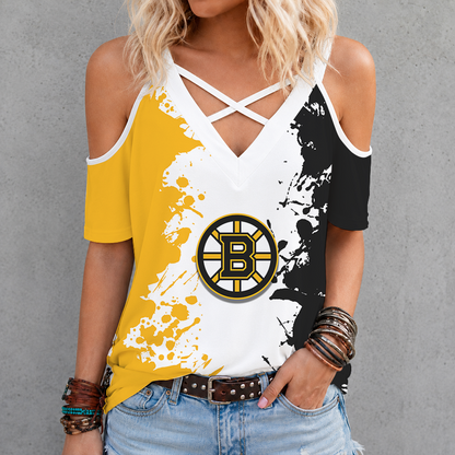 [SUPER SALE] NEW CUSTOMIZED NHL02 BTB BOSTON BRUINS CRISS CROSS V-NECK TOP