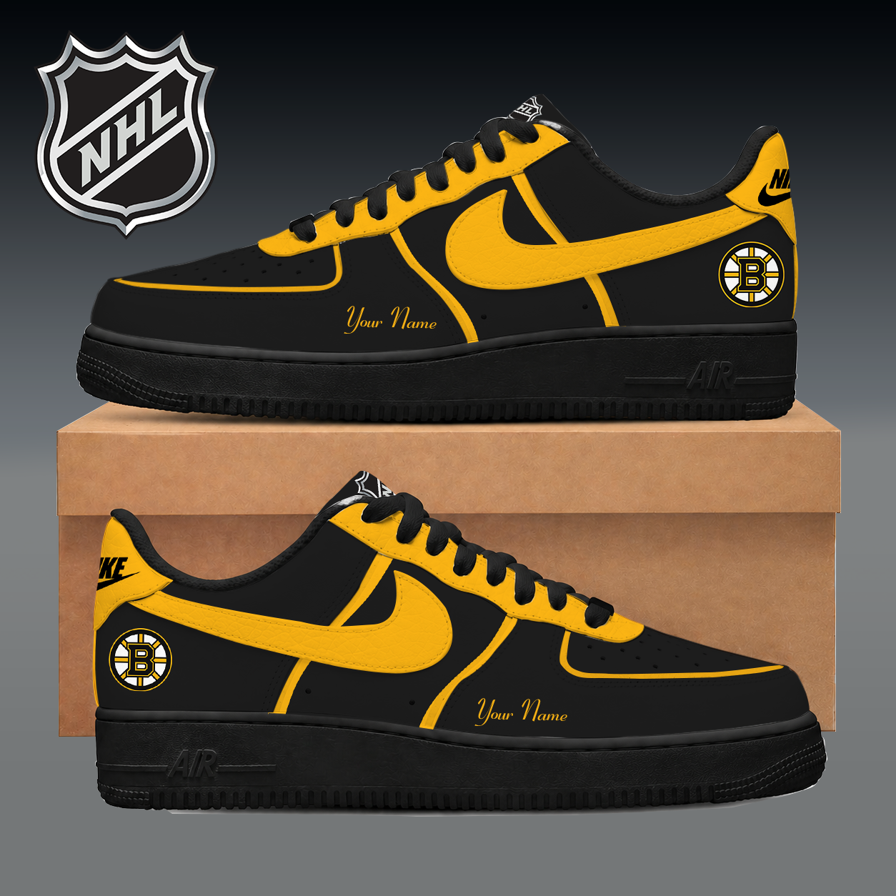 LIMITED EDITION - NEW CUSTOMIZED NHL02 BTB BOSTON BRUINS AF1 SNEAKER