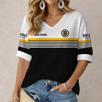 SPECIAL EDITION - NEW CUSTOMIZED NHL02 BTB BOSTON BRUINS WOMEN'S HEART V-NECK LONG SLEEVE SHIRT