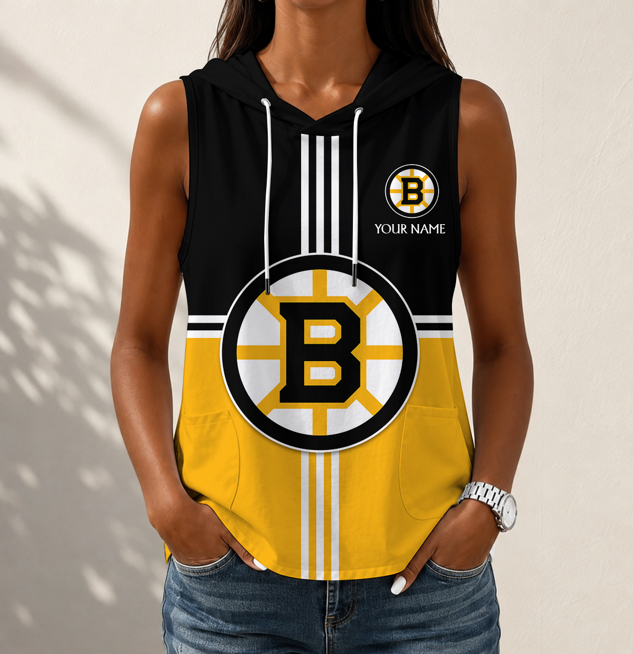 VIRAL EDITION - NEW CUSTOMIZED NHL02 BTB BOSTON BRUINS WOMEN'S SLEEVELESS HOODED POCKET TANK TOP