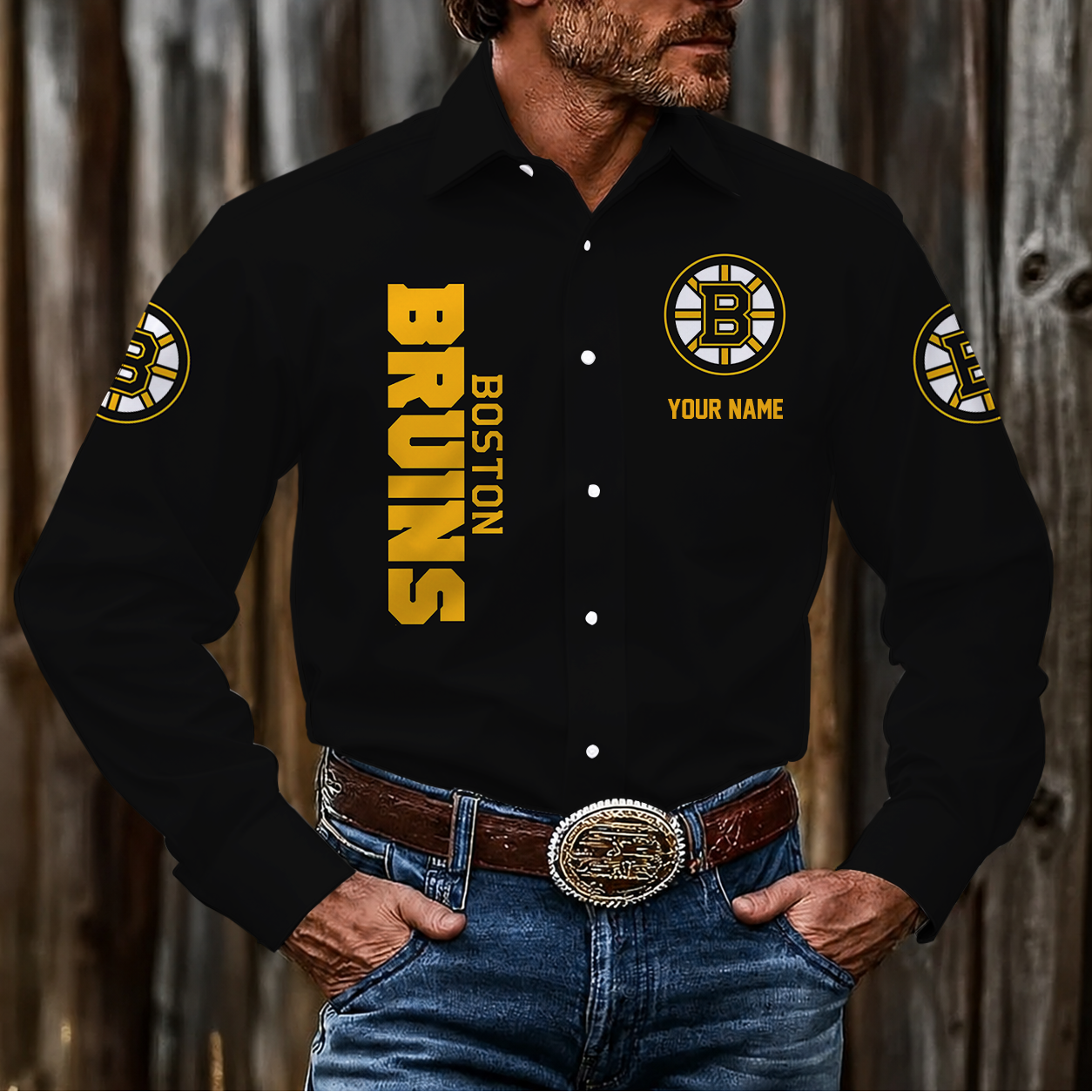LIMITED EDITION - NEW CUSTOMIZED NHL02 BTB BOSTON BRUINS MEN'S LONG SLEEVE BUTTON-UP SHIRT